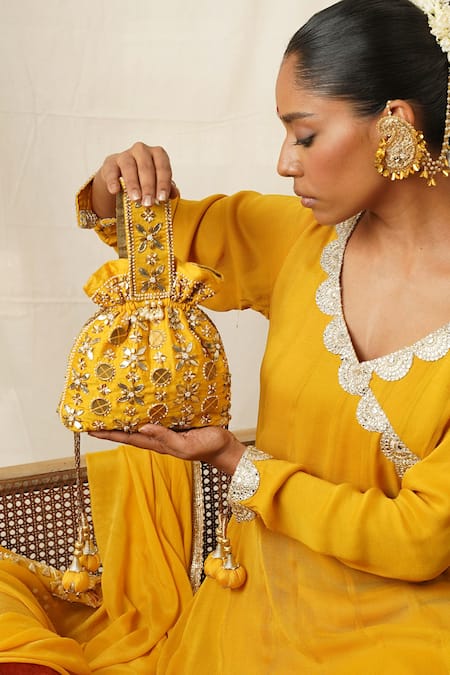 Moirra Yellow Gota Patti Sunheri Embroidered Potli 