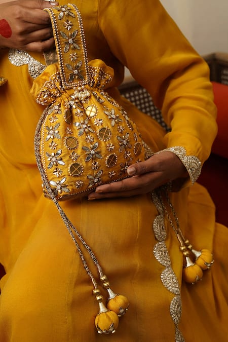 Shop_Moirra_Yellow Gota Patti Sunheri Embroidered Potli _Online_at_Aza_Fashions