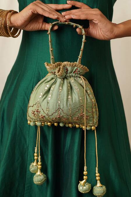 Buy_Moirra_Green Kundan Nyra Zardozi Embroidered Potli _Online_at_Aza_Fashions