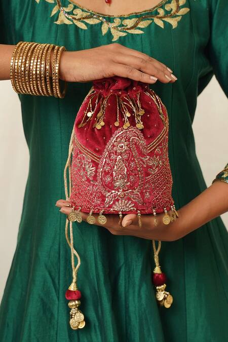 Moirra_Maroon Zardozi Anjum Paisley Embroidered Potli _Online_at_Aza_Fashions