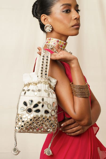 Moirra Ivory Mirror Neelofar Work Potli Online at Aza Fashions Moirra_Ivory Mirror Neelofar Work Potli _Online_at_Aza_Fashions