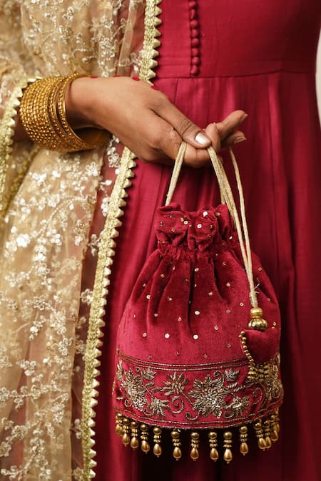 Moirra_Maroon Zardozi Noor Embroidered Potli _Online_at_Aza_Fashions