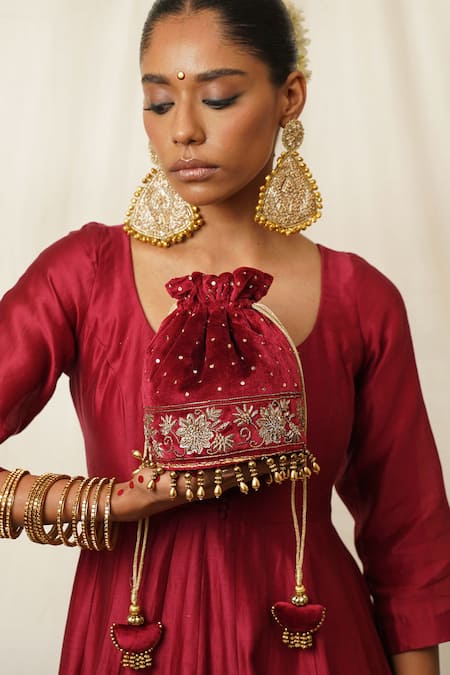 Buy_Moirra_Maroon Zardozi Noor Embroidered Potli _Online_at_Aza_Fashions