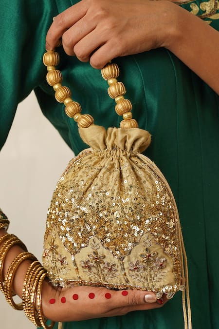 Moirra_Beige Sequins, Zari, Cut Work Sitara Embroidered Potli _Online_at_Aza_Fashions