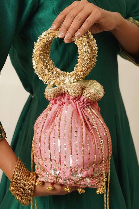 Moirra_Coral Zari, Sequins, Gota Patti Naayab Stripe Embroidered Potli _Online_at_Aza_Fashions