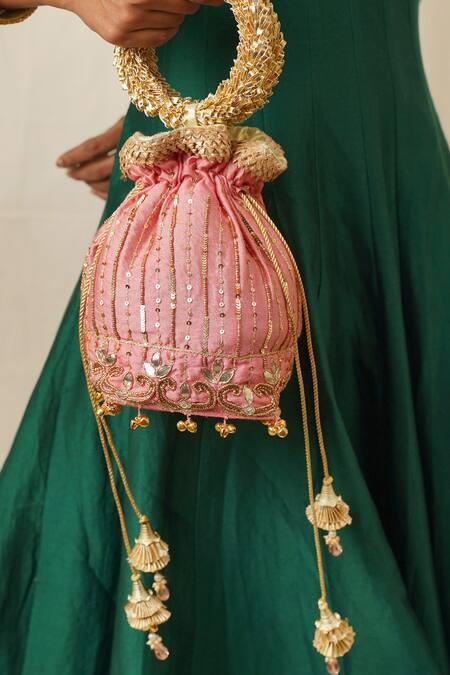 Buy_Moirra_Coral Zari, Sequins, Gota Patti Naayab Stripe Embroidered Potli _Online_at_Aza_Fashions