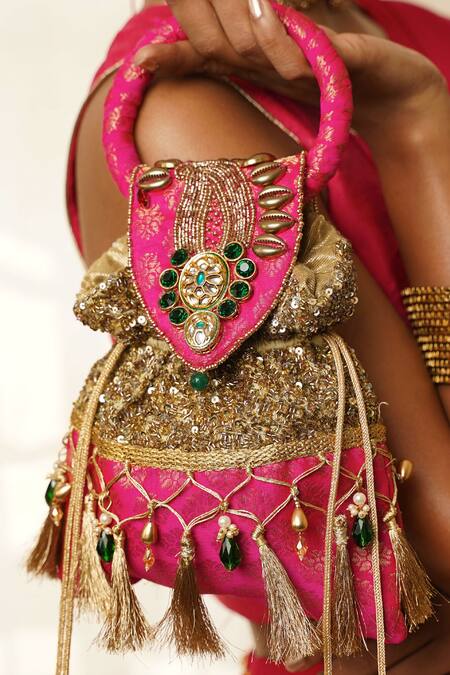 Moirra_Magenta Cut Work, Sequins, Stones Afsana Embroidered Potli _Online_at_Aza_Fashions