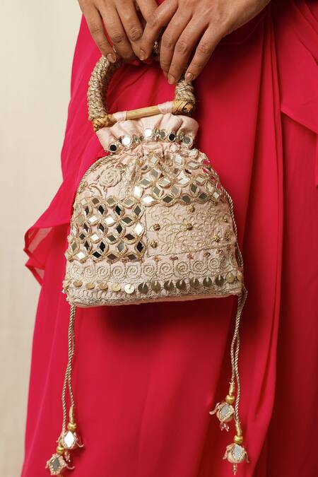 Moirra_Pink Mirrors, Sequins, Embroidery Sheesha Potli _Online_at_Aza_Fashions