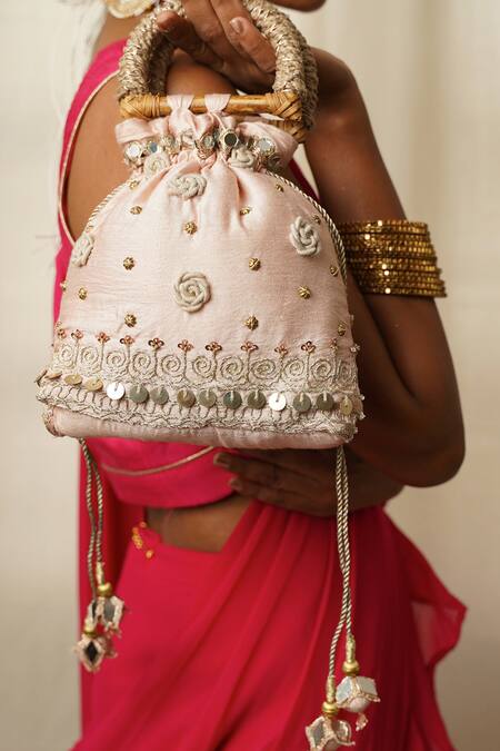 Shop_Moirra_Pink Mirrors, Sequins, Embroidery Sheesha Potli _Online_at_Aza_Fashions