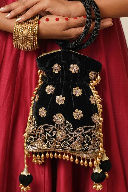 Shop_Moirra_Black Zari, Sequins, Beads Makhmali Floral Embroidered Potli _Online_at_Aza_Fashions