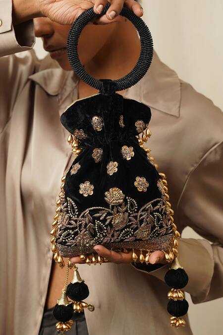 Moirra_Black Zari, Sequins, Beads Makhmali Floral Embroidered Potli _at_Aza_Fashions