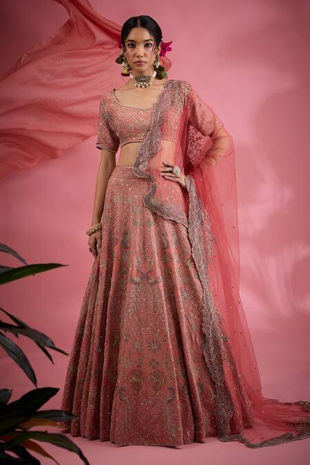 Show Shaa_Pink Silk, Net Embroidery Floral Hand Bridal Lehenga Set _Online_at_Aza_Fashions