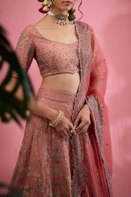 Shop_Show Shaa_Pink Silk, Net Embroidery Floral Hand Bridal Lehenga Set _Online_at_Aza_Fashions