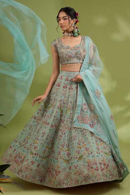 Show Shaa Blue Lehenga And Blouse Kota Embroidered Floral U Neck Bridal Set 