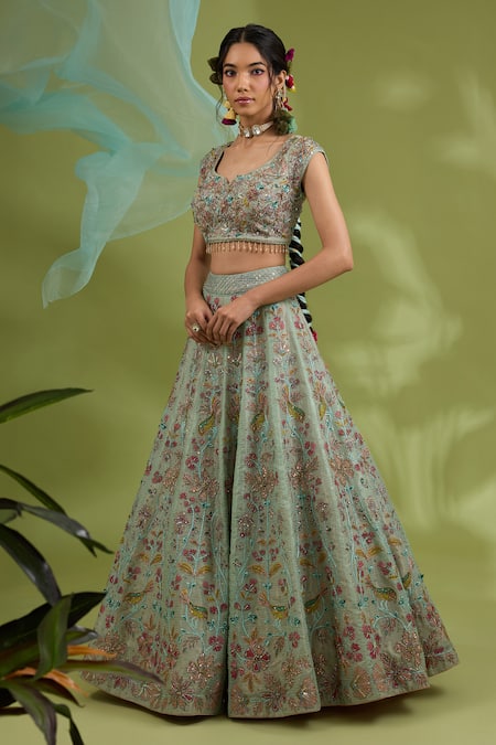 Show Shaa_Blue Kota Doria, Satin, Mohair, Organza Embroidery, Floral Bridal Lehenga Set _Online_at_Aza_Fashions