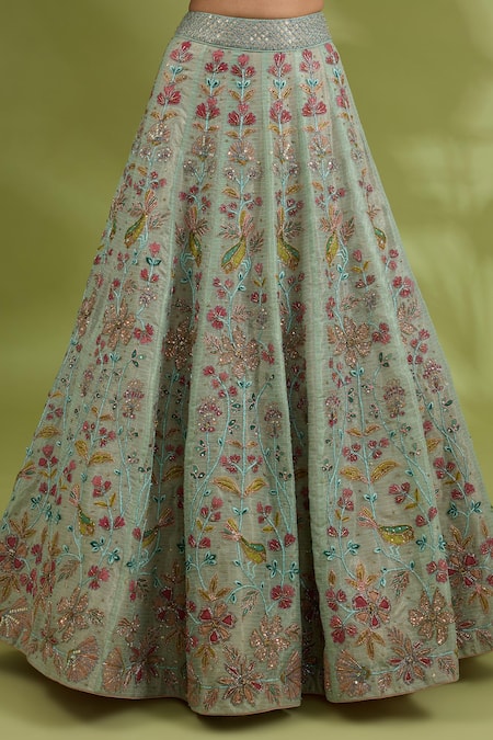 Buy_Show Shaa_Blue Kota Doria, Satin, Mohair, Organza Embroidery, Floral Bridal Lehenga Set _Online_at_Aza_Fashions
