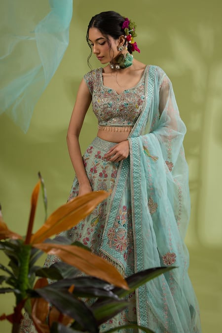 Shop_Show Shaa_Blue Kota Doria, Satin, Mohair, Organza Embroidery, Floral Bridal Lehenga Set _Online_at_Aza_Fashions