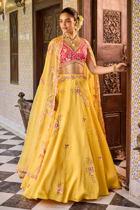 Label RSD Yellow Blouse Satin Organza Hand Embroidered Sequin V Neck Floral Lehenga Set 