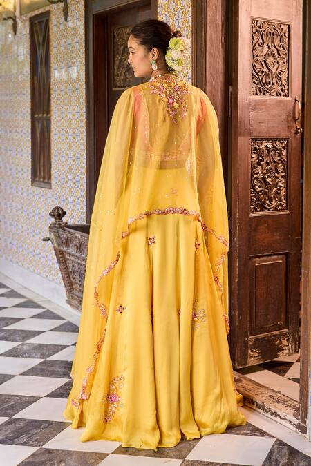 Shop Label Rsd Yellow Satin, Organza Pearls, Sequins, Beads, Floral Blouse Lehenga Set at Aza Fashions Shop_Label Rsd_Yellow Satin, Organza Pearls, Sequins, Beads, Floral Blouse Lehenga Set_at_Aza_Fashions