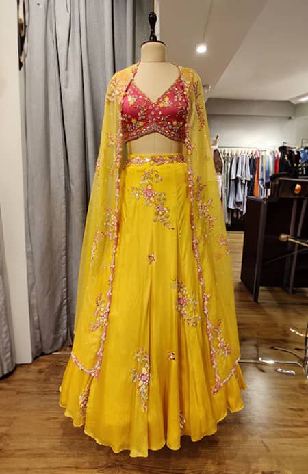 Label Rsd_Yellow Satin, Organza Pearls, Sequins, Beads, Floral Blouse Lehenga Set_Online_at_Aza_Fashions