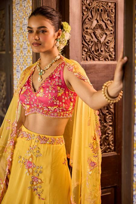 Label Rsd Yellow Satin, Organza Pearls, Sequins, Beads, Floral Blouse Lehenga Set at Aza Fashions Label Rsd_Yellow Satin, Organza Pearls, Sequins, Beads, Floral Blouse Lehenga Set_at_Aza_Fashions