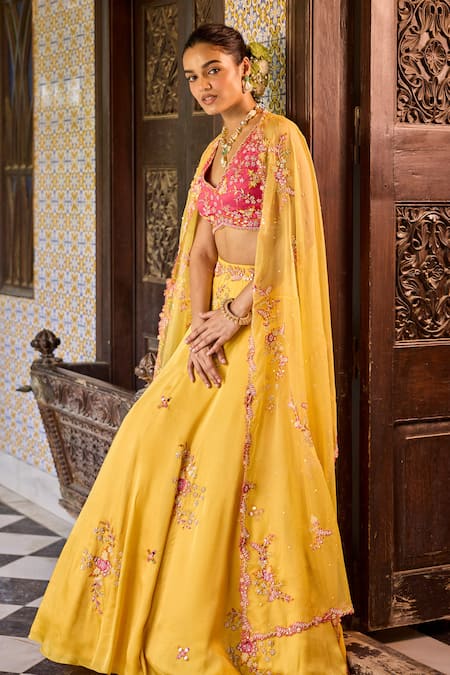 Shop Label Rsd Yellow Satin, Organza Pearls, Sequins, Beads, Floral Blouse Lehenga Set Online at Aza Fashions Shop_Label Rsd_Yellow Satin, Organza Pearls, Sequins, Beads, Floral Blouse Lehenga Set_Online_at_Aza_Fashions