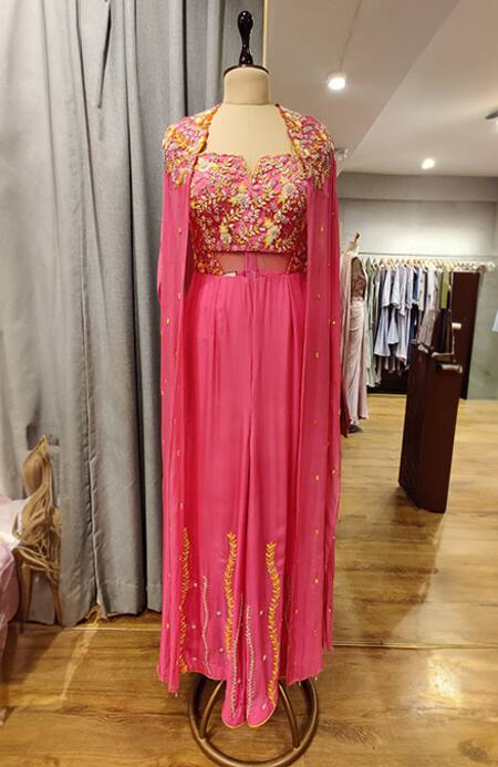 Label Rsd_Pink Jumpsuit Mesh And Organza Hand Embroidered Thread Floral With Cape_Online_at_Aza_Fashions