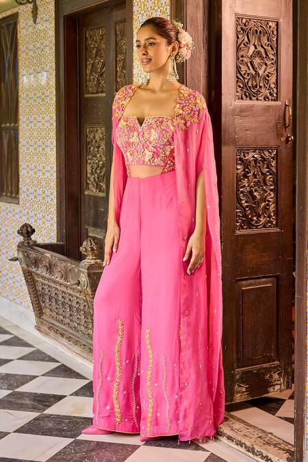 Buy_Label Rsd_Pink Jumpsuit Mesh And Organza Hand Embroidered Thread Floral With Cape_Online_at_Aza_Fashions