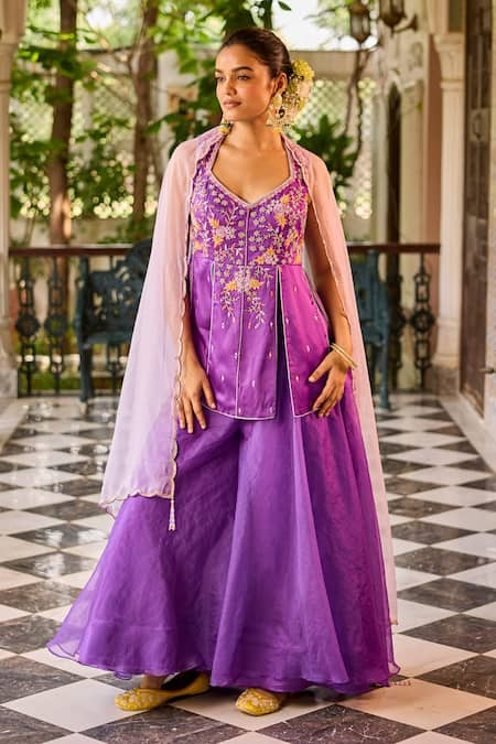 Label RSD Purple Top Satin Organza Hand Embroidered Floral Peplum Kurta Sharara Set 