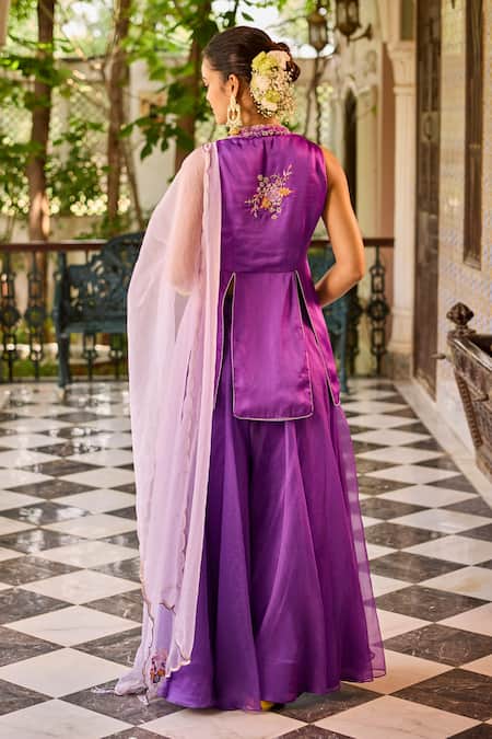 Shop Label Rsd Purple Satin, Organza Sequins, Beads Floral Embroidered Peplum Kurta Sharara Set at Aza Fashions Shop_Label Rsd_Purple Satin, Organza Sequins, Beads Floral Embroidered Peplum Kurta Sharara Set_at_Aza_Fashions