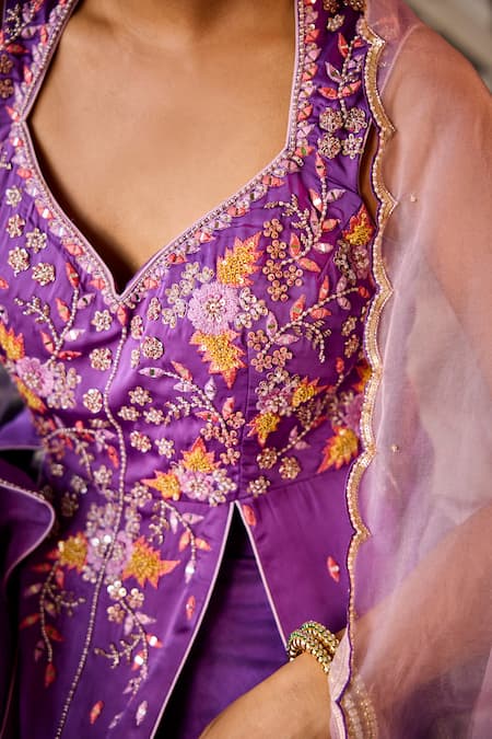 Buy Label Rsd Purple Satin, Organza Sequins, Beads Floral Embroidered Peplum Kurta Sharara Set Online at Aza Fashions Buy_Label Rsd_Purple Satin, Organza Sequins, Beads Floral Embroidered Peplum Kurta Sharara Set_Online_at_Aza_Fashions