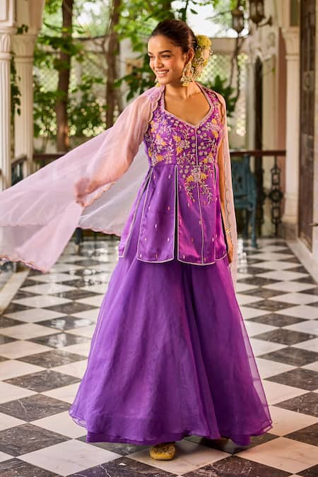 Shop Label Rsd Purple Satin, Organza Sequins, Beads Floral Embroidered Peplum Kurta Sharara Set Online at Aza Fashions Shop_Label Rsd_Purple Satin, Organza Sequins, Beads Floral Embroidered Peplum Kurta Sharara Set_Online_at_Aza_Fashions