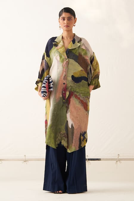 OFRIDA Multi Color Cotton Moss Crepe Printed Abstract Lapel Trench Coat And Pant Set 