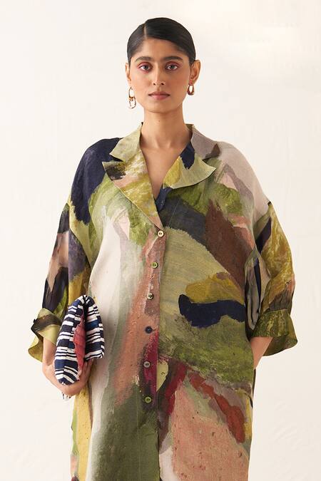 Shop_OFRIDA_Multi Color Cotton Collared Abstract Print Trench Coat And Pant Set _Online_at_Aza_Fashions
