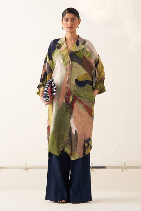 OFRIDA_Multi Color Cotton, Linen Collared Abstract Print Overlay Pant Set _Online_at_Aza_Fashions