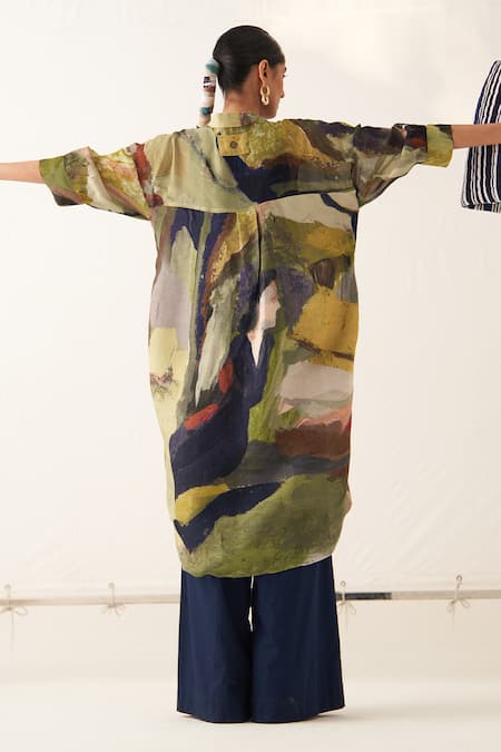 Buy_OFRIDA_Multi Color Cotton, Linen Collared Abstract Print Overlay Pant Set _Online_at_Aza_Fashions