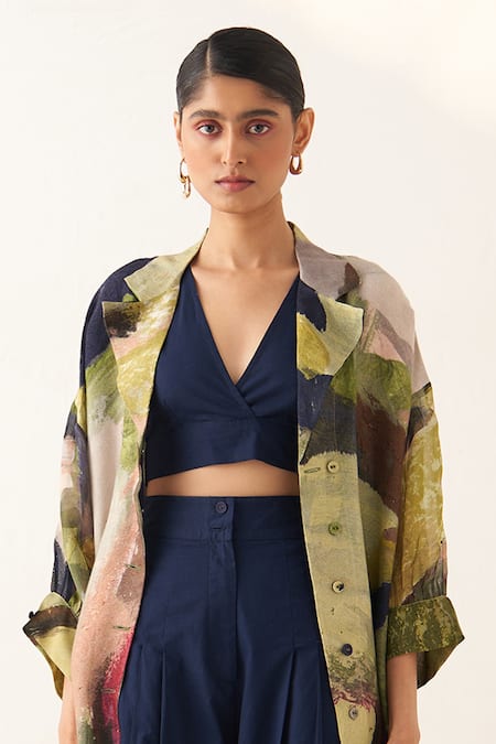 Shop_OFRIDA_Multi Color Cotton, Linen Collared Abstract Print Overlay Pant Set 