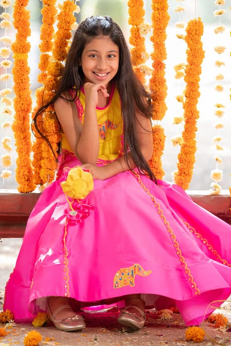 Buy_Kirti Agarwal - Pret N Couture_Pink Satin, Silk Embroidery, Mirrors Elephant Lehenga Set _Online_at_Aza_Fashions