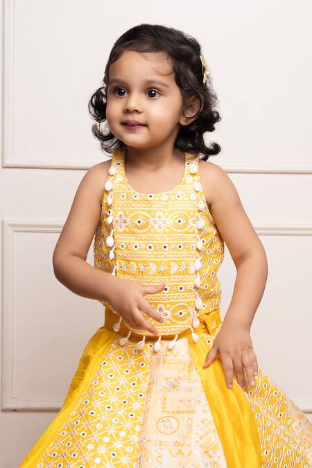 Kirti Agarwal - Pret N Couture_Yellow Silk, Cotton Mirrors, Sequins, Beads Work Crop Top And Lehenga Set _Online_at_Aza_Fashions