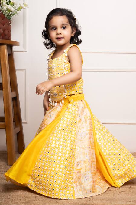 Buy_Kirti Agarwal - Pret N Couture_Yellow Silk, Cotton Mirrors, Sequins, Beads Work Crop Top And Lehenga Set _Online_at_Aza_Fashions