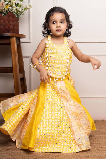 Shop_Kirti Agarwal - Pret N Couture_Yellow Silk, Cotton Mirrors, Sequins, Beads Work Crop Top And Lehenga Set _Online_at_Aza_Fashions