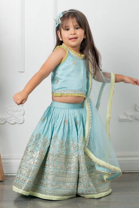 Shop_Kirti Agarwal - Pret N Couture_Blue Net, Silk, Cotton Embroidery Floral Pita Work Lehenga Set_Online_at_Aza_Fashions