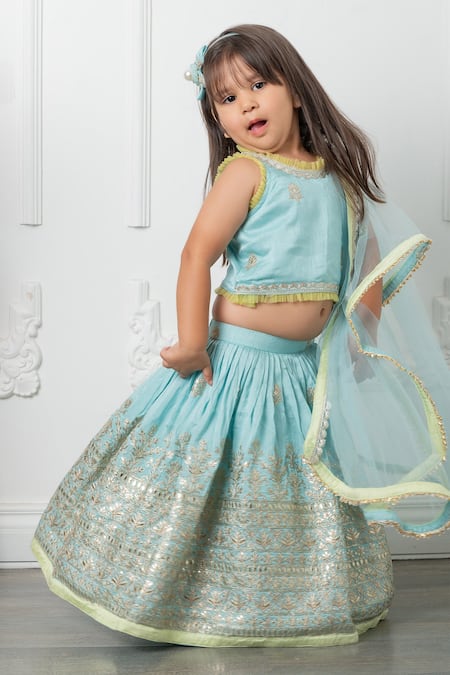 Kirti Agarwal - Pret N Couture_Blue Net, Silk, Cotton Embroidery Floral Pita Work Lehenga Set_Online_at_Aza_Fashions