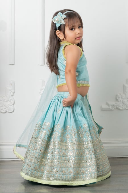 Kirti Agarwal - Pret N Couture_Blue Net, Silk, Cotton Embroidery Floral Pita Work Lehenga Set_at_Aza_Fashions