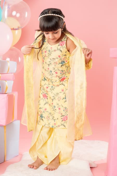 Kirti Agarwal - Pret N Couture_Yellow Chanderi Silk, Cotton Embroidery Floral Kurta Set With Jacket _Online_at_Aza_Fashions