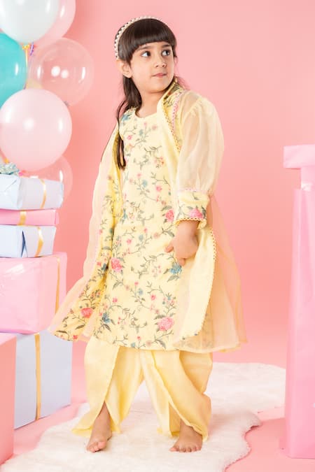 Shop_Kirti Agarwal - Pret N Couture_Yellow Chanderi Silk, Cotton Embroidery Floral Kurta Set With Jacket _Online_at_Aza_Fashions