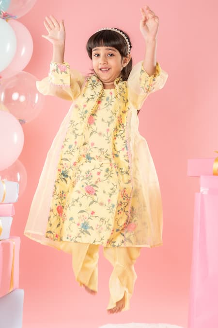 Kirti Agarwal - Pret N Couture_Yellow Chanderi Silk, Cotton Embroidery Floral Kurta Set With Jacket _at_Aza_Fashions