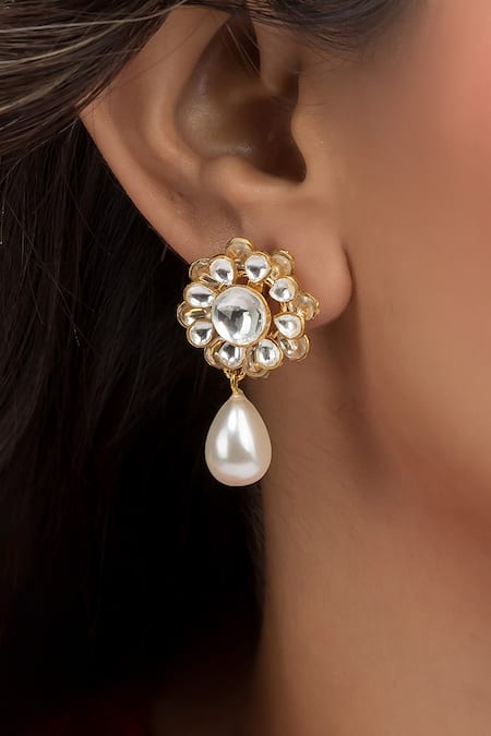 Vasundhara Floral Cutwork Pearl Drop Earrings 