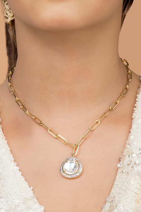 Vasundhara Gold Plated Artificial Kundan Bahar Cz Studded Drop Chain Necklace 