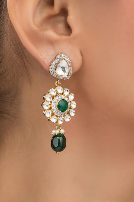 Vasundhara Floral CZ & Kundan Stone Embellished Pearl Drop Earrings 